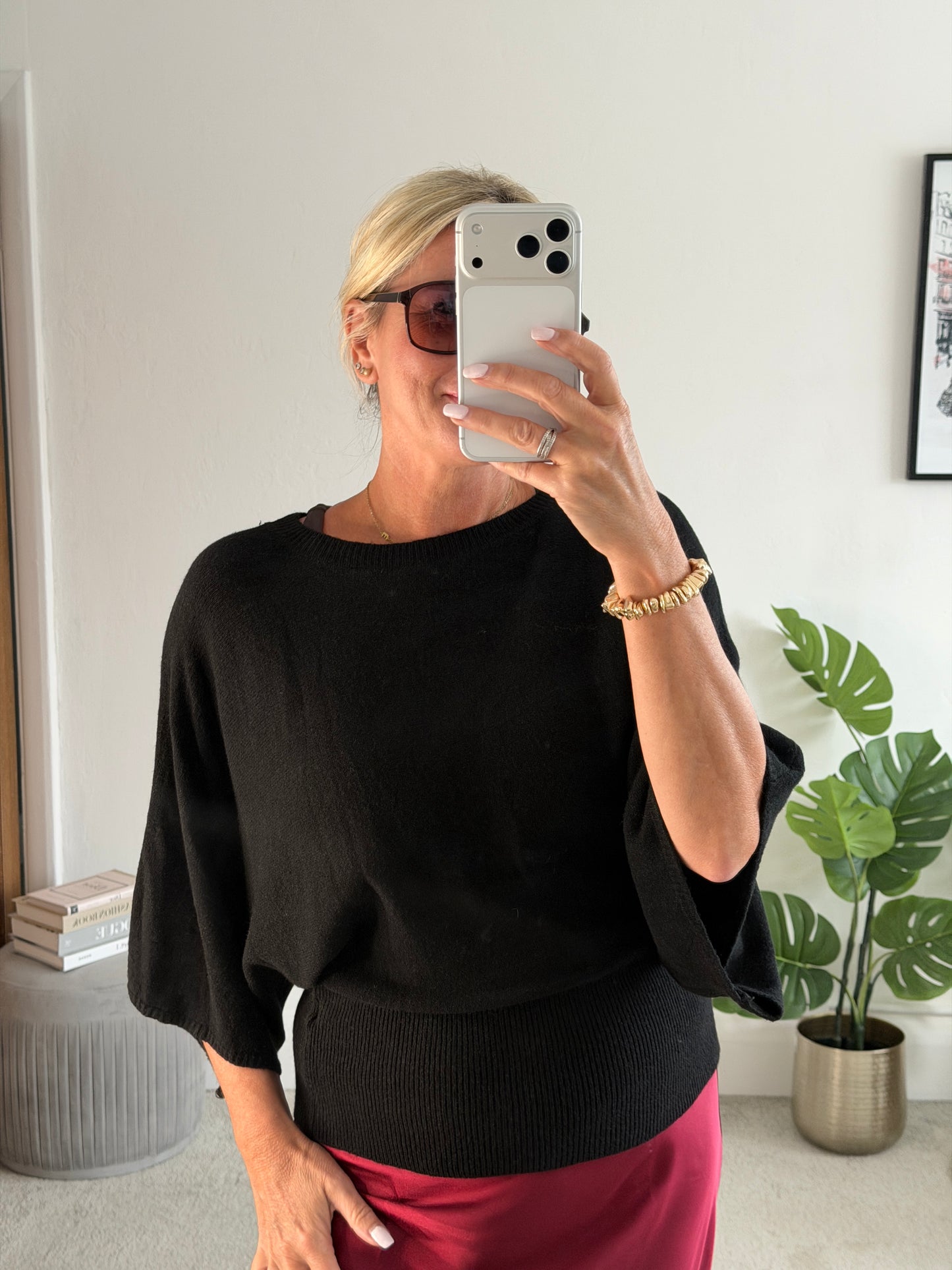 Black 3/4 Sleeve Batwing Jumper