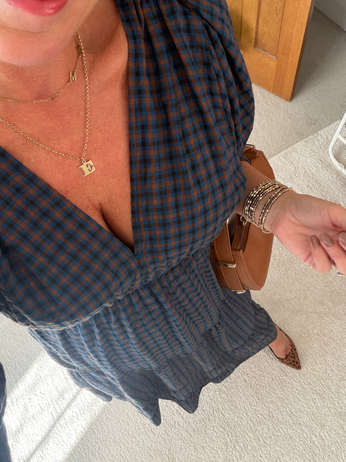 Navy Heritage Check V-Neck Tiered Dress