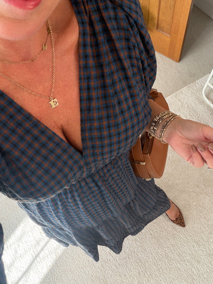 Navy Heritage Check V-Neck Tiered Dress