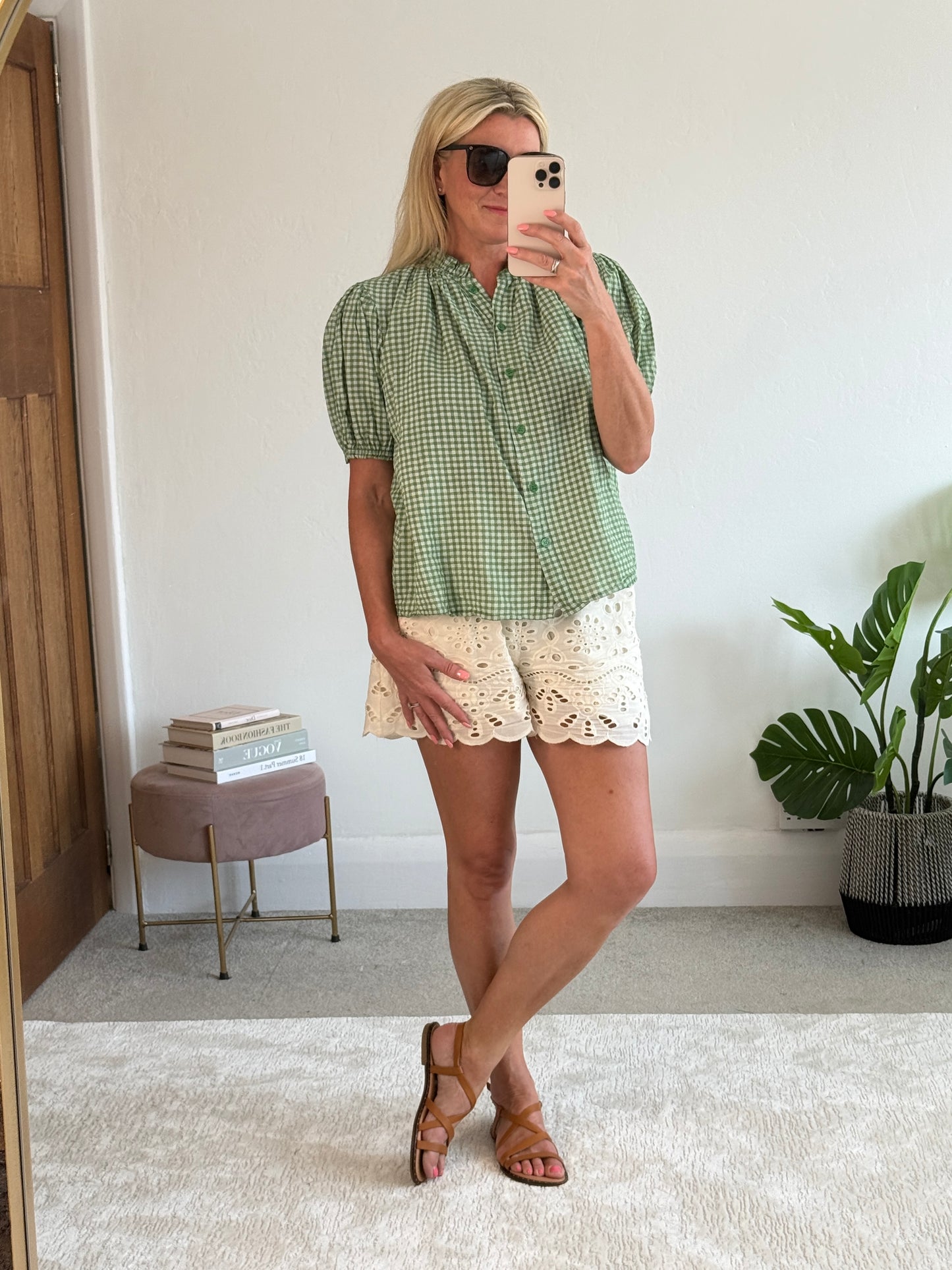 Khaki Gingham Frill Sleeve Blouse