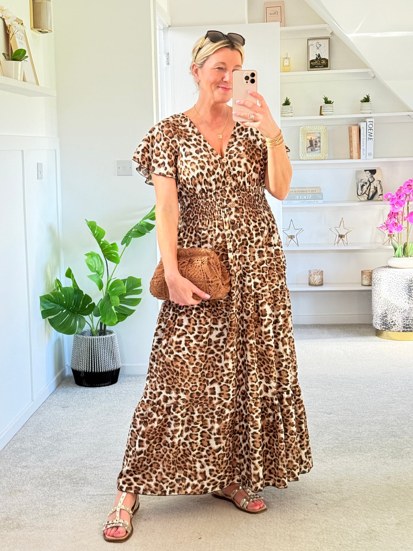 Cream Leopard V Neck Tiered Maxi Dress