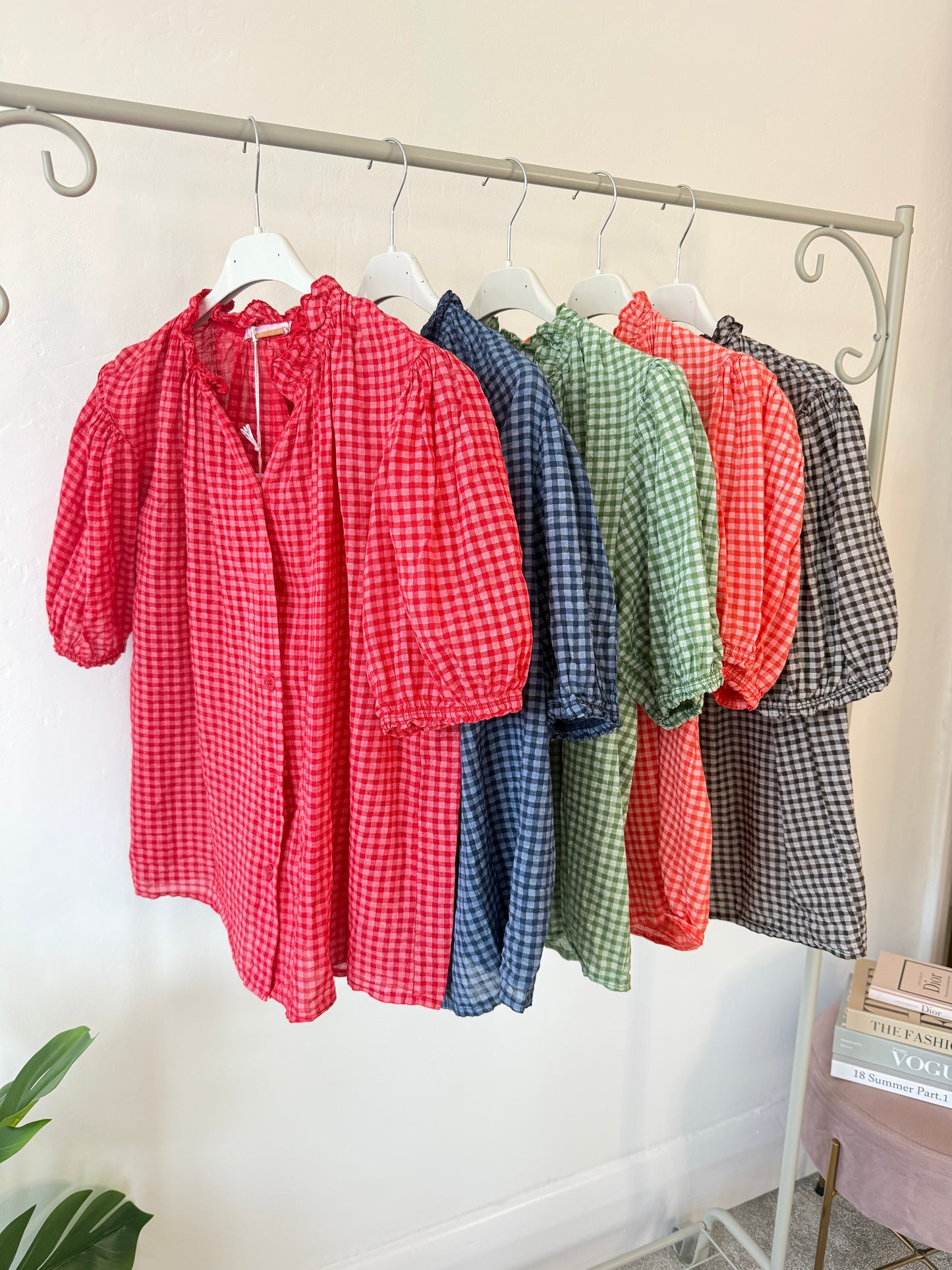 Navy Gingham Frill Sleeve Blouse