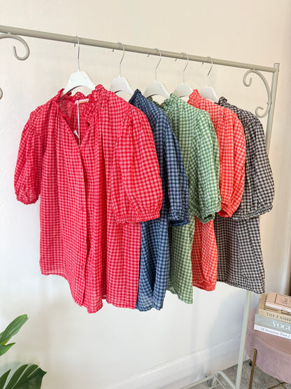 Navy Gingham Frill Sleeve Blouse
