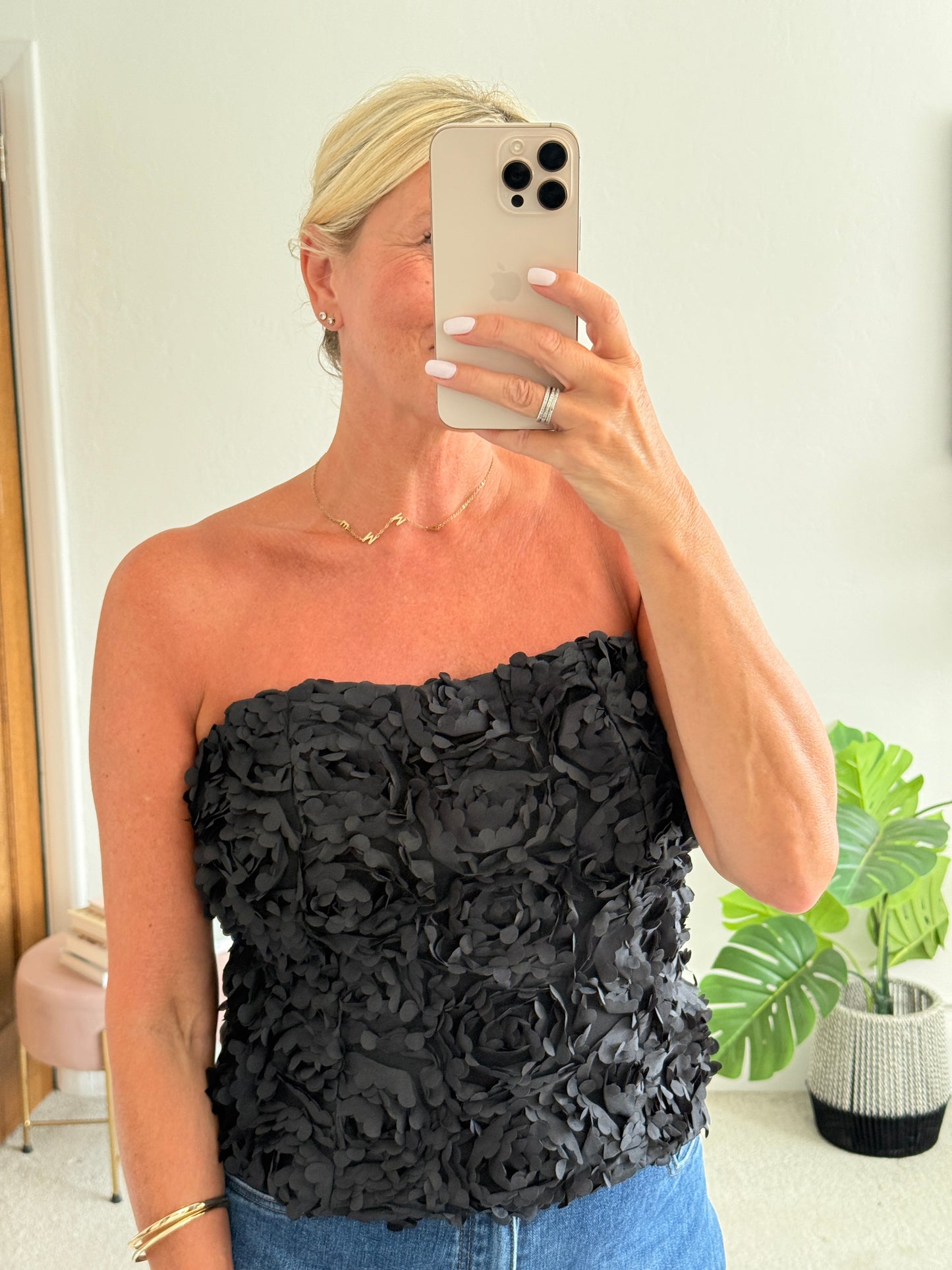 Black 3D Floral Bandeau Top