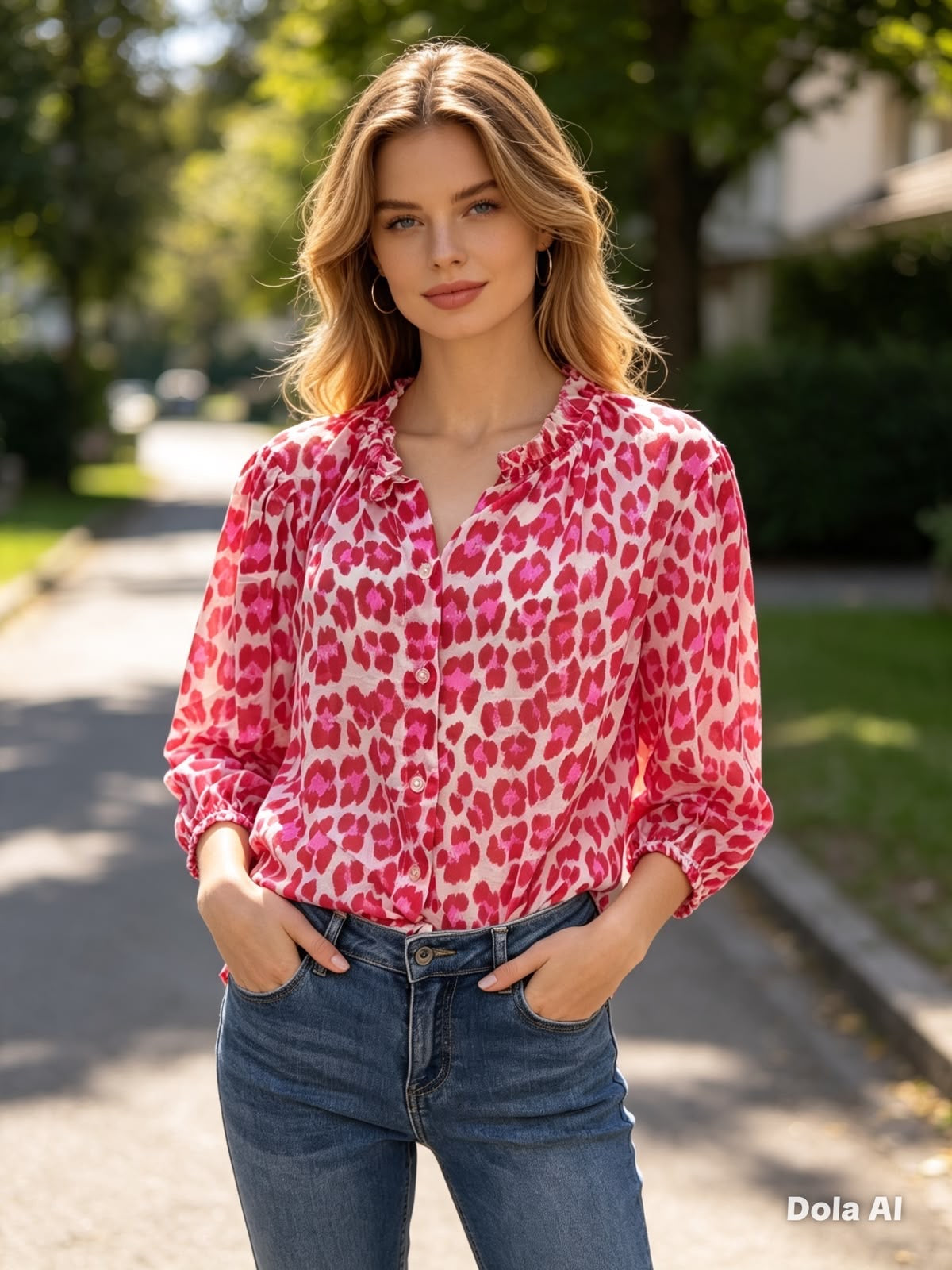 Navy Leopard 3/4 Puff Sleeve Blouse