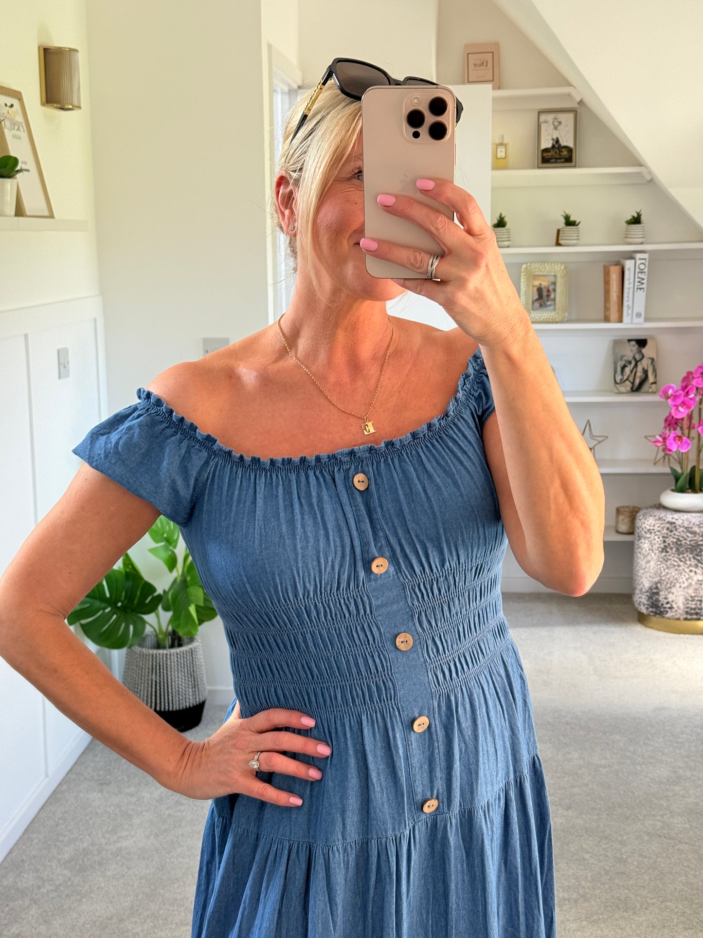 Blue Denim Bardot Tiered Maxi Dress
