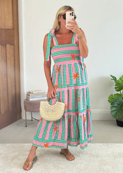 Green/Pink Gingham/Palm Shirred Maxi Dress