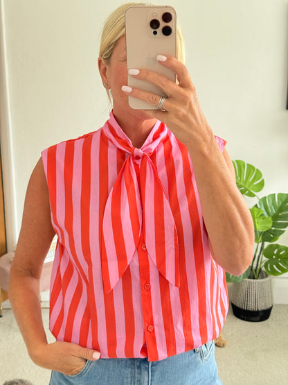 Pink/Orange Stripe Tie-Neck Blouse