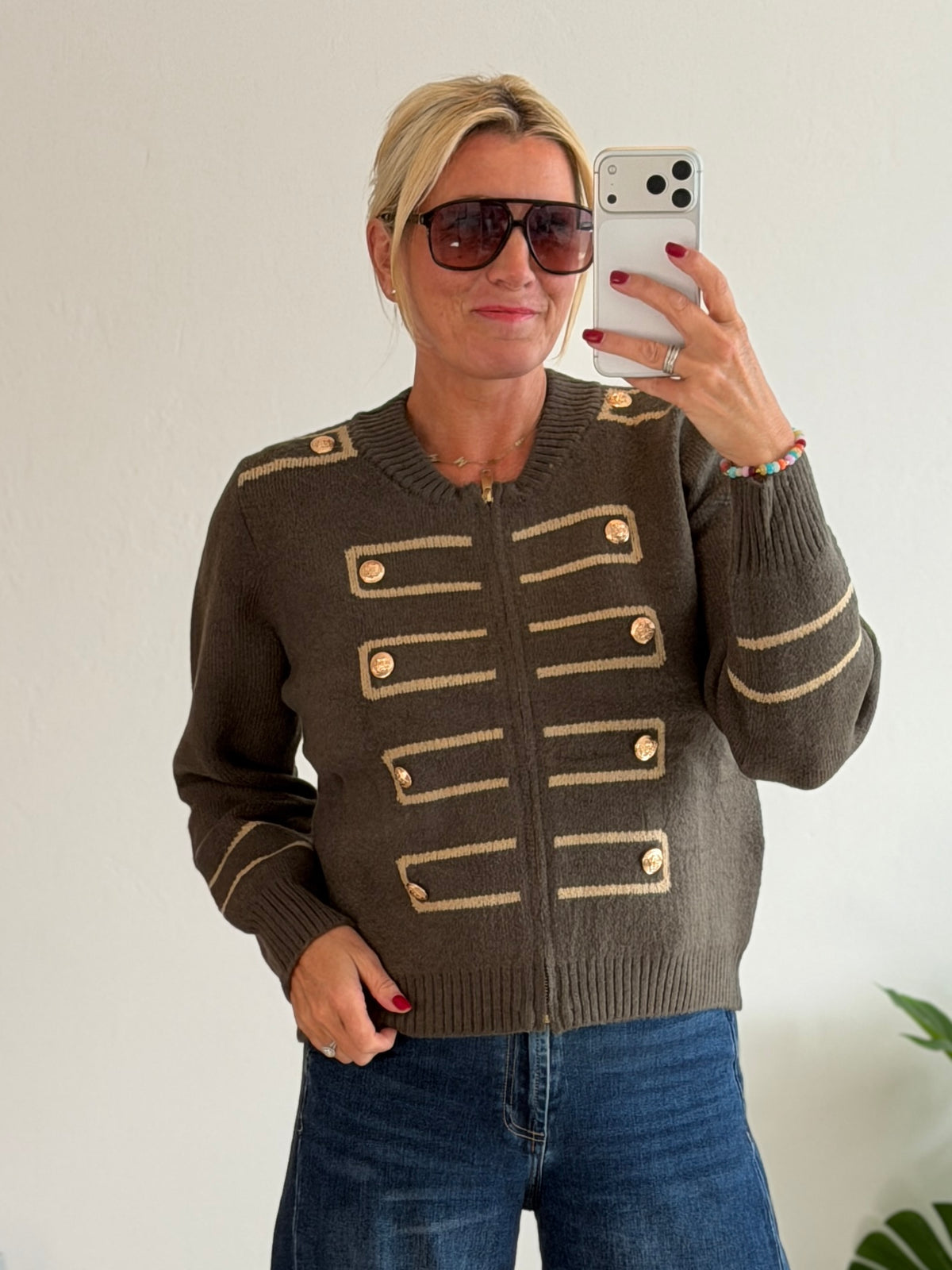 Khaki Military Zip Front Knitted Cardi
