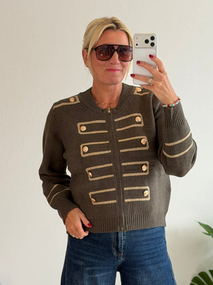 Khaki Military Zip Front Knitted Cardi
