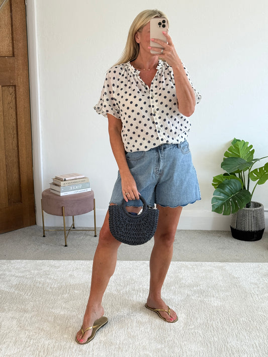 Navy Polka Dot Frill Sleeve Blouse