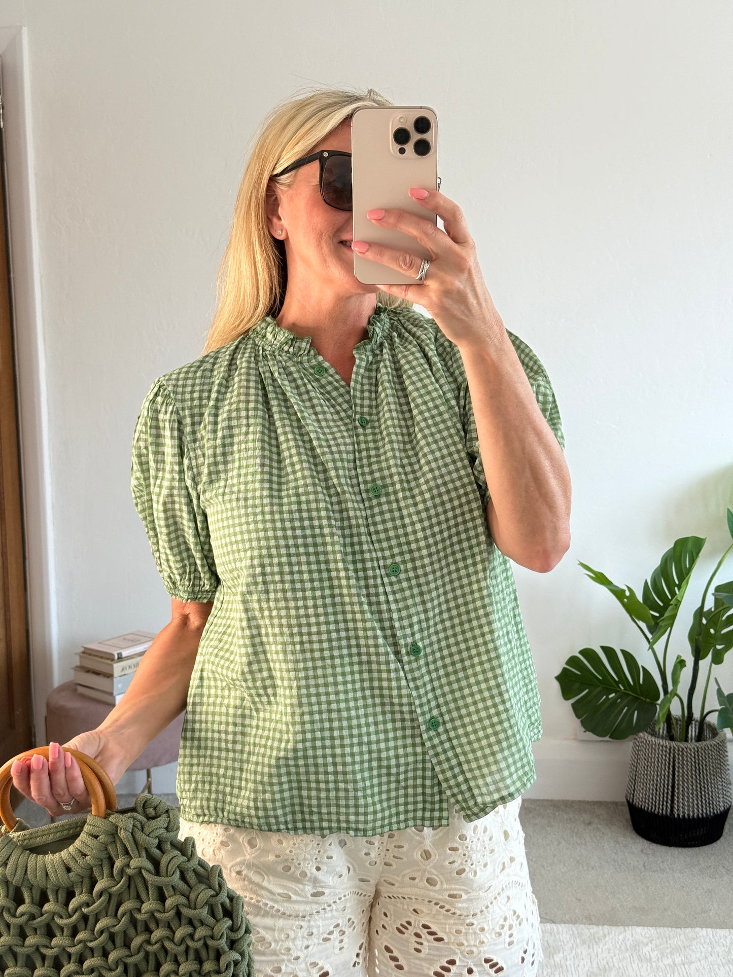 Khaki Gingham Frill Sleeve Blouse