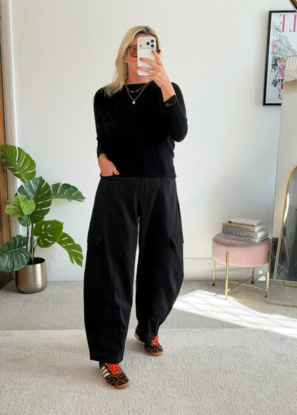 Black Barrel Leg Cargo Trousers