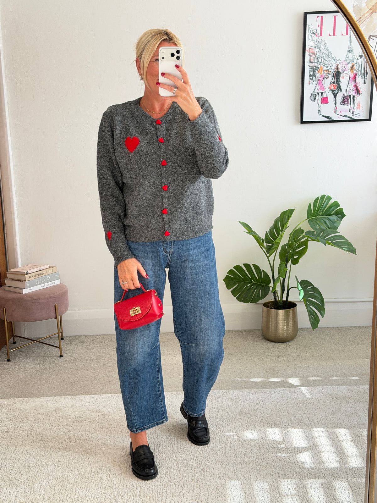 Grey/Red ❤️ Heart Button Cardigan