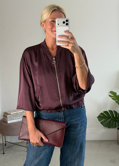 Plum Satin Drawstring Bomber Jacket