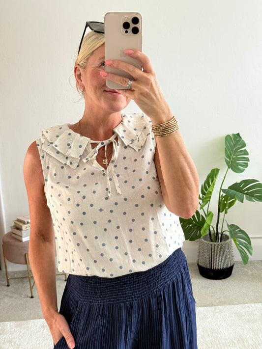 Blue/Oatmeal Polka Dot Frill Collar Blouse