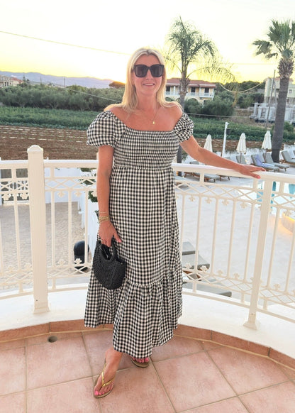 Black/White Gingham Bardot Maxi Dress