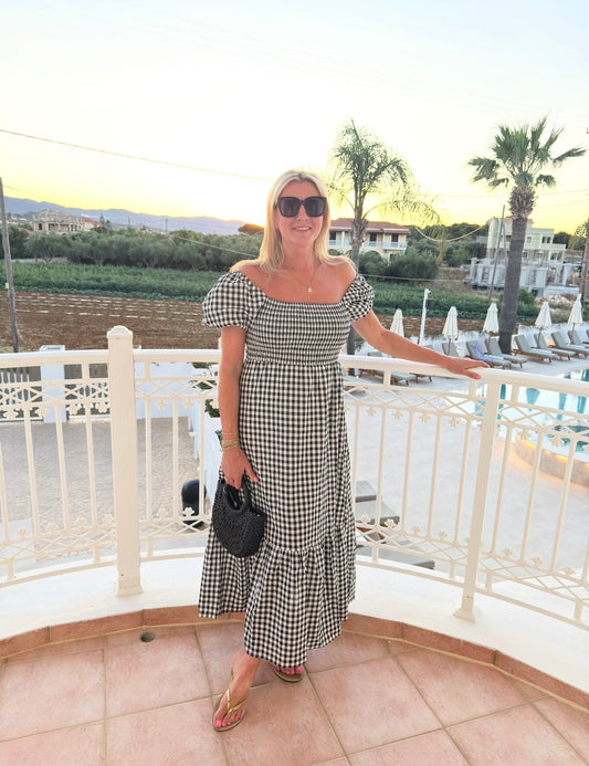 Black/White Gingham Bardot Maxi Dress