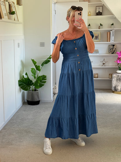 Blue Denim Bardot Tiered Maxi Dress