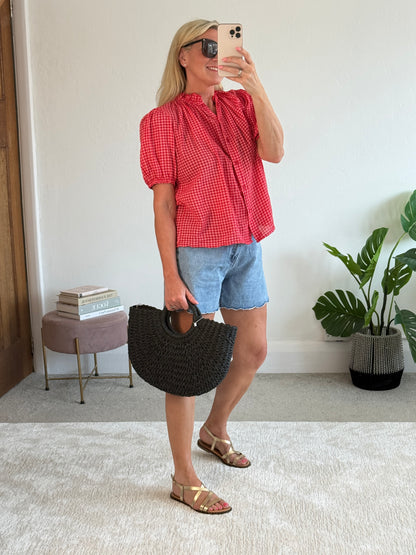 Red Gingham Puff Sleeve Blouse
