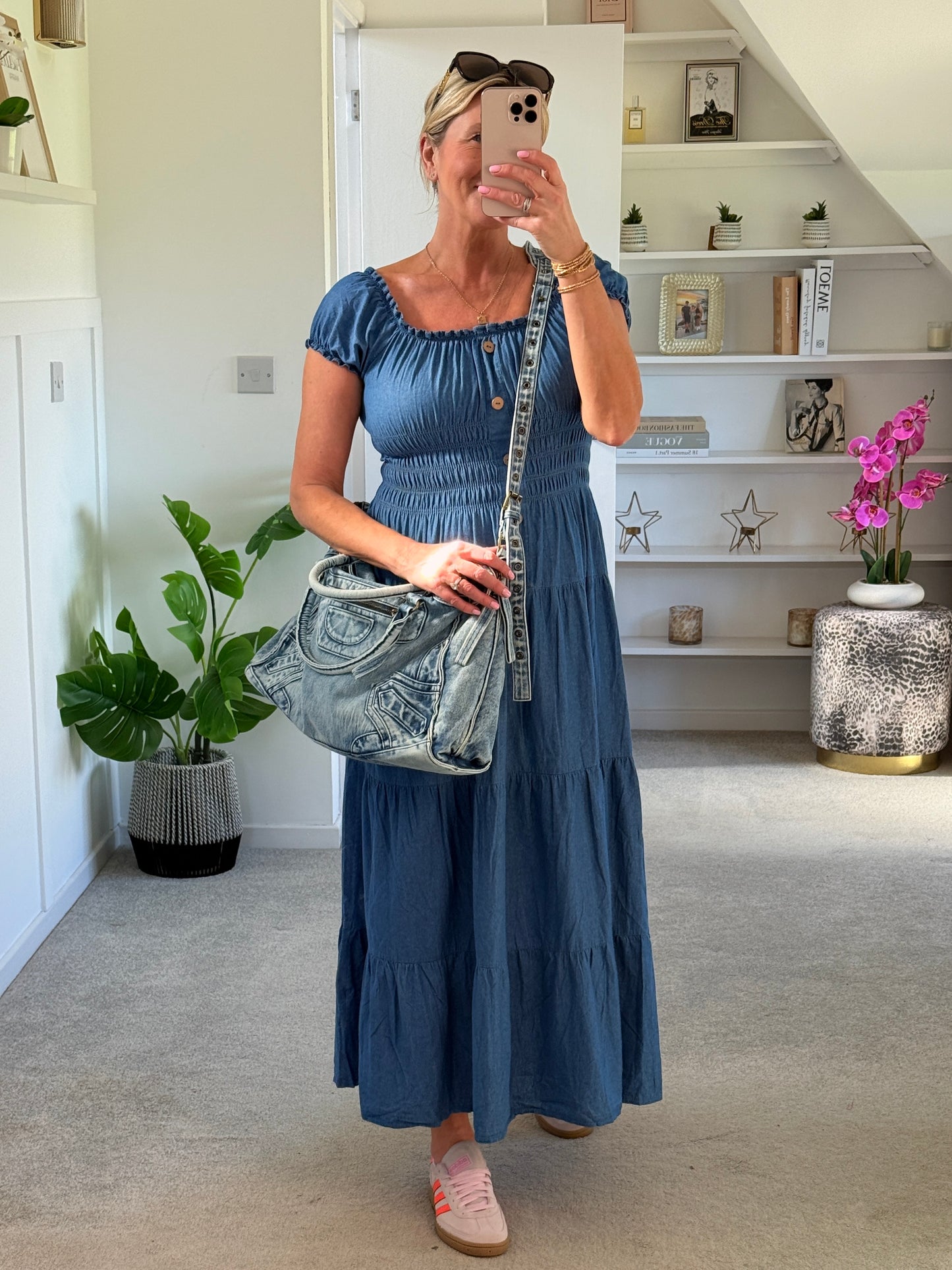 Blue Denim Bardot Tiered Maxi Dress