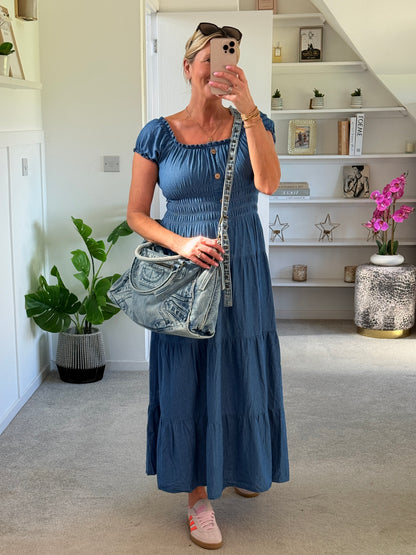 Blue Denim Bardot Tiered Maxi Dress