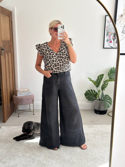 Leopard Print V Neck Cheesecloth Top