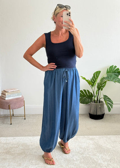 Mid Denim Chambray Balloon Trousers