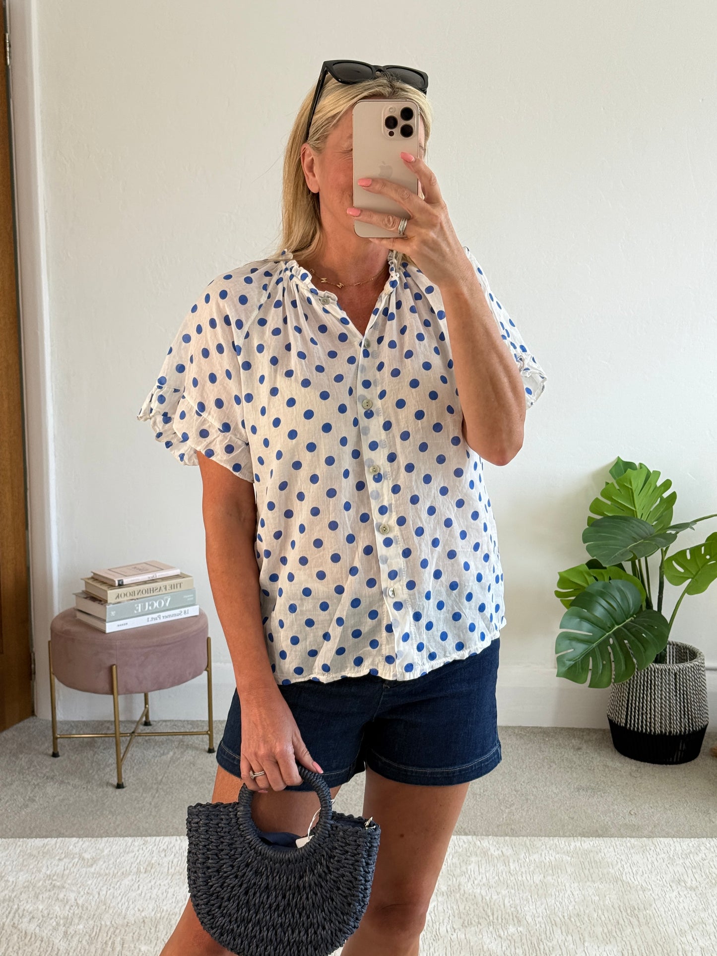 Royal Blue Polka Dot Frill Sleeve Blouse