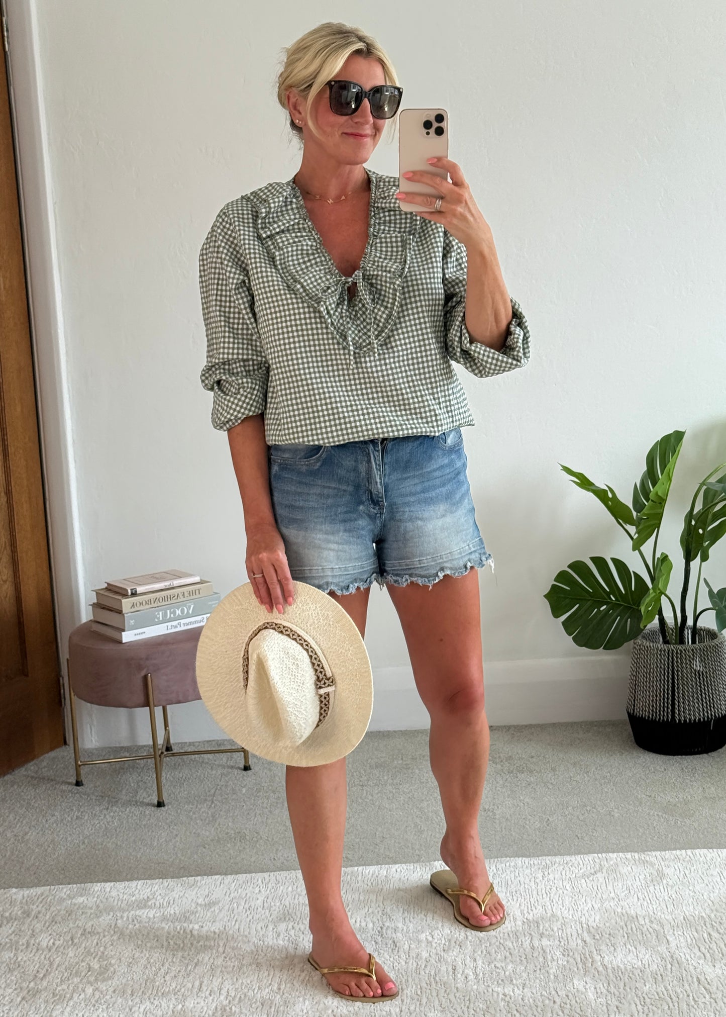 Khaki Gingham Ruffle Blouse