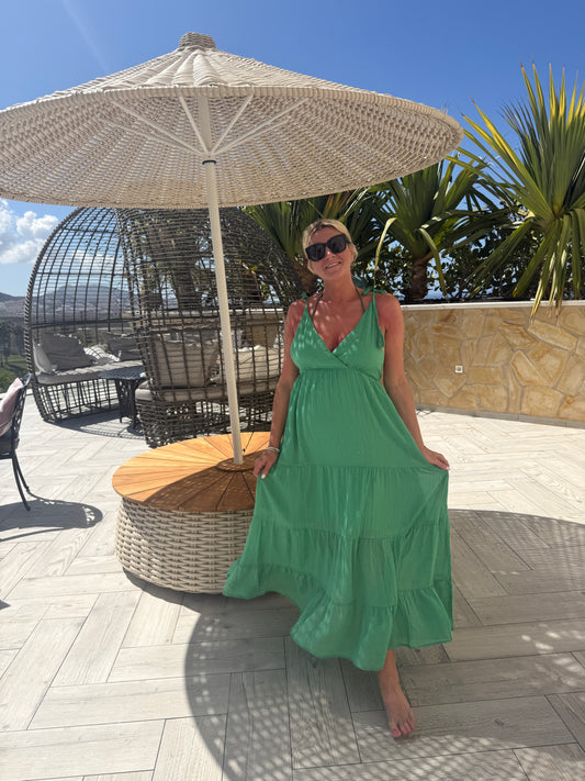 Kelly Green Tie Strap Tiered Maxi Dress