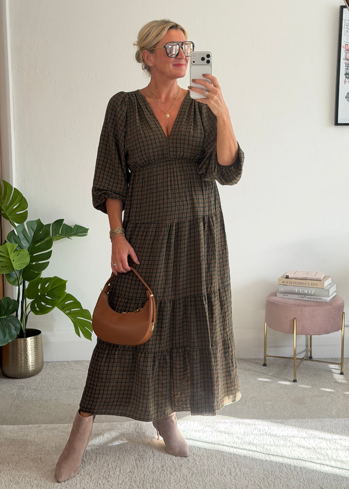 Khaki Heritage Check V-Neck Tiered Dress