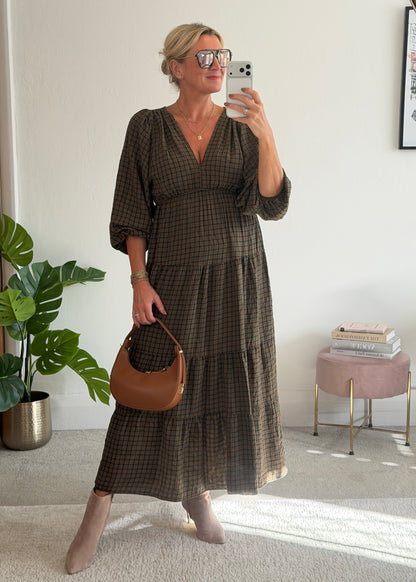 Khaki Heritage Check V-Neck Tiered Dress