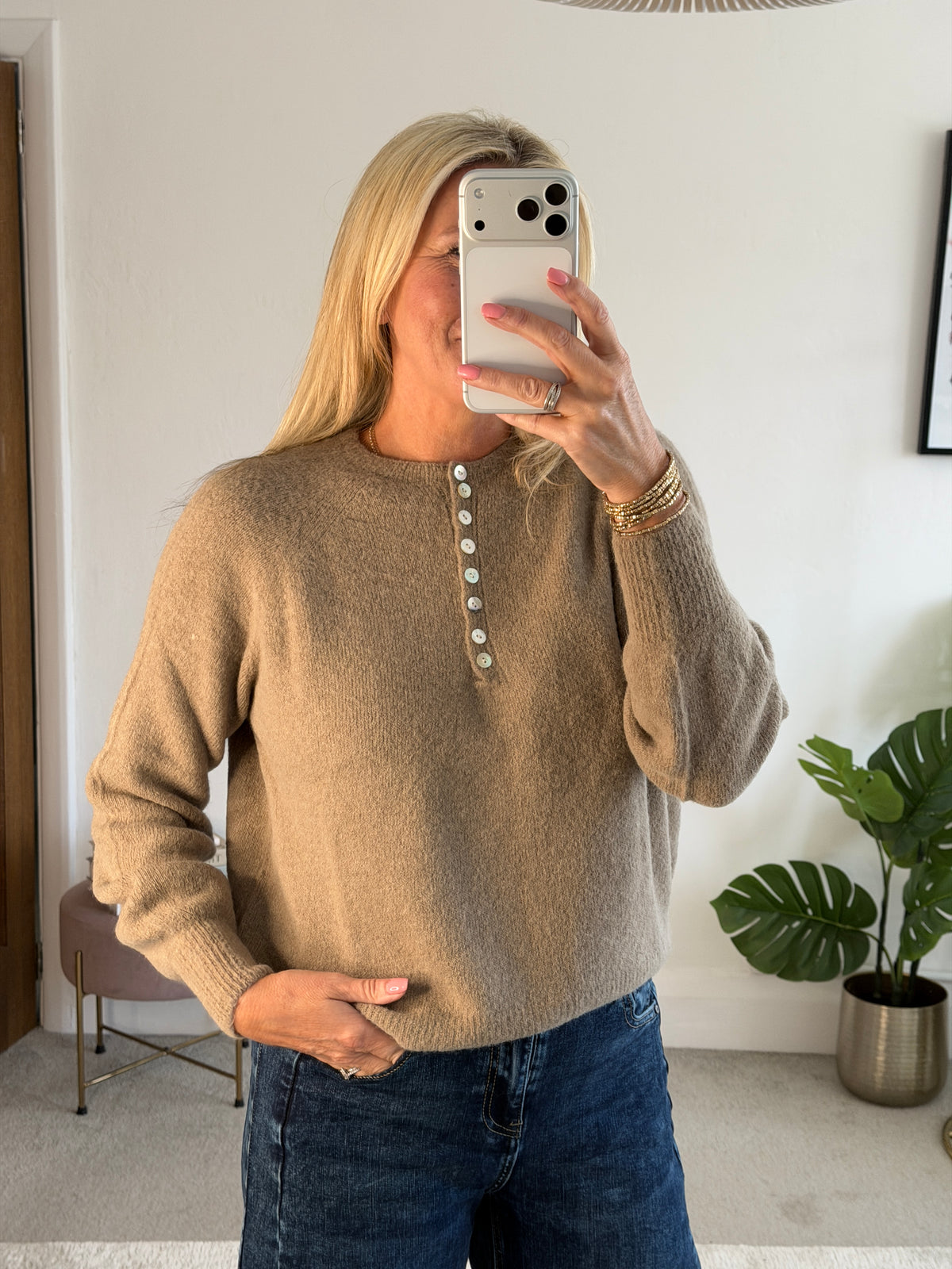 Mocha Alpaca Mix Button Jumper