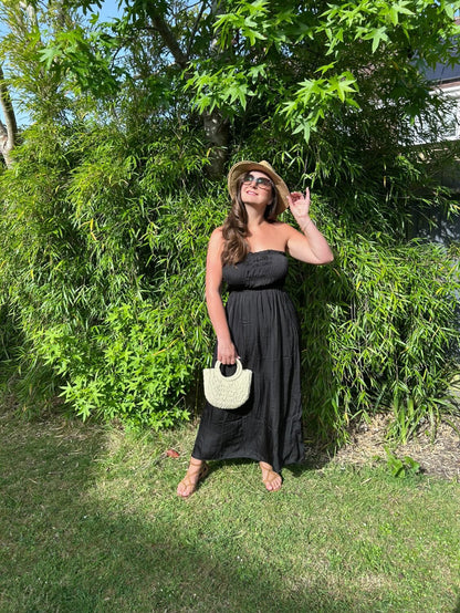 Black Strapless Shirred Dress