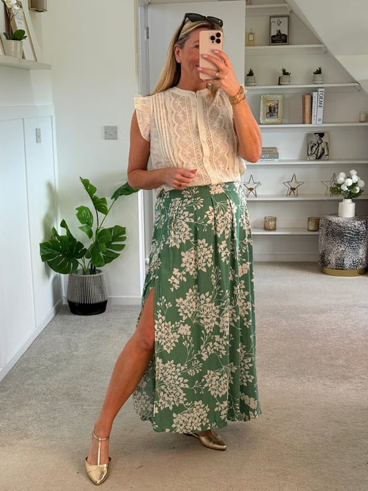 Sage/Oatmeal Botanical Floral Midi Skirt