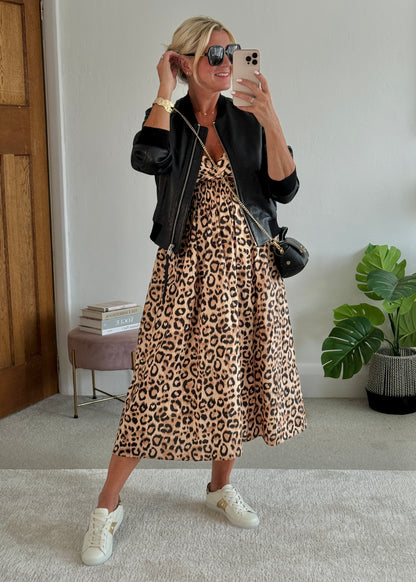 Leopard Tassel Tie Shoulder Midi Dress