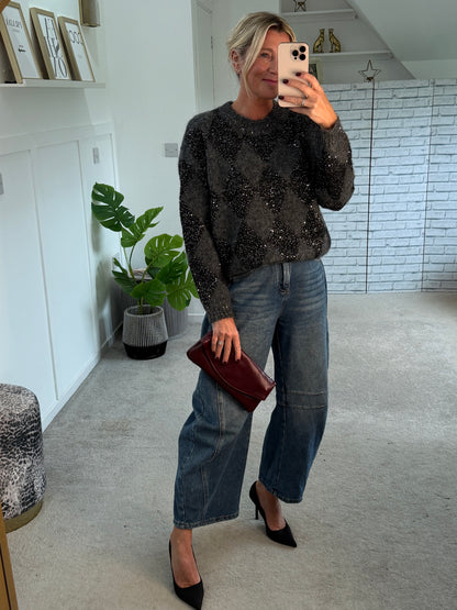 Grey Sequin Argyle Diamond Knit Jumper