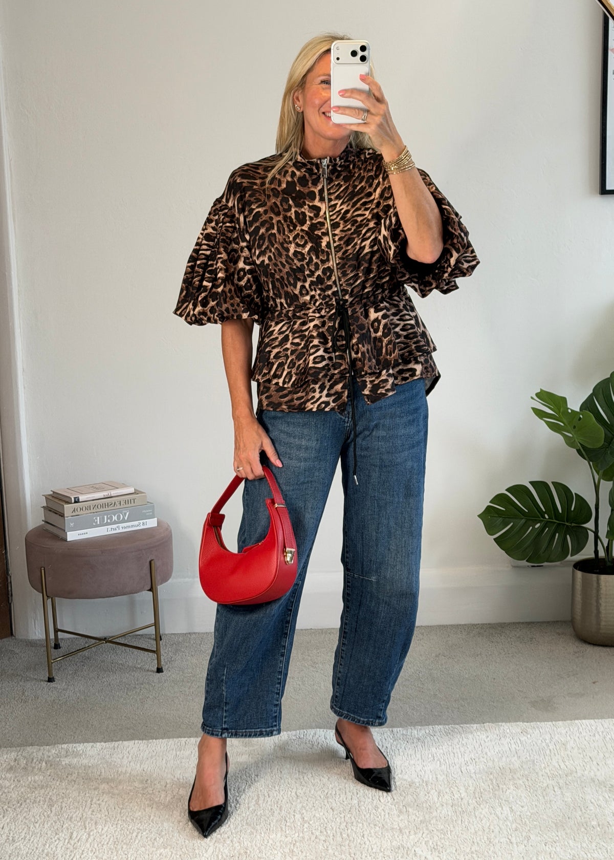 Leopard Balloon Sleeve Peplum Jacket