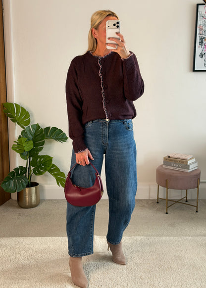 Plum/Pink Floral Frill Trim Cardigan
