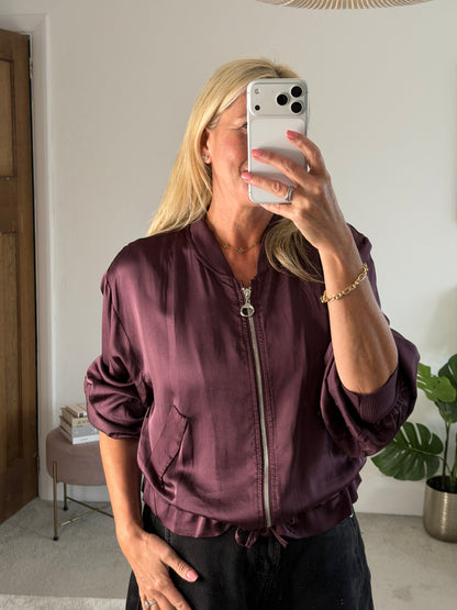 Plum Satin Drawstring Bomber Jacket
