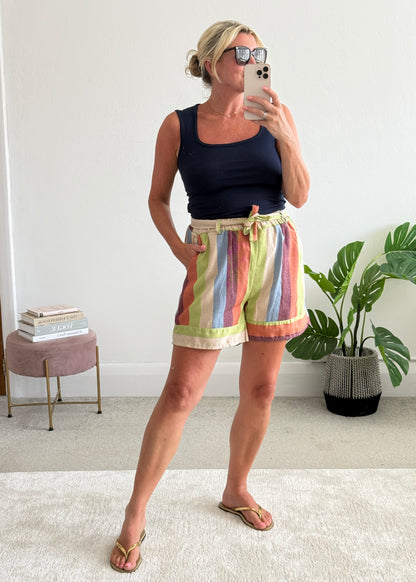 Blue Multi Stripe Tie Waist Shorts