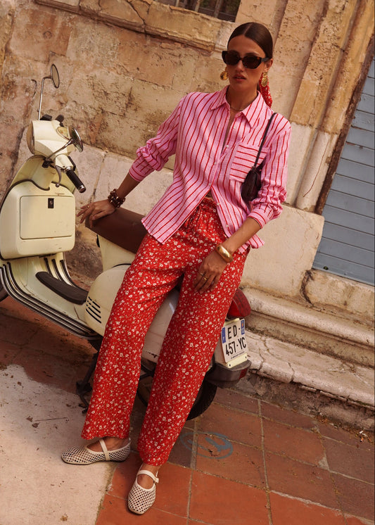 Red Ditsy Floral Trousers