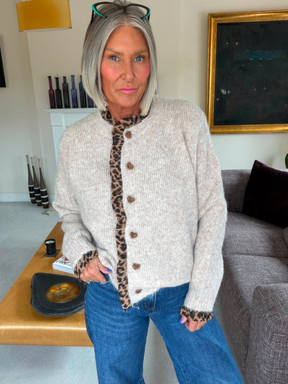 Oatmeal Leopard Trim Crew Neck Cardigan