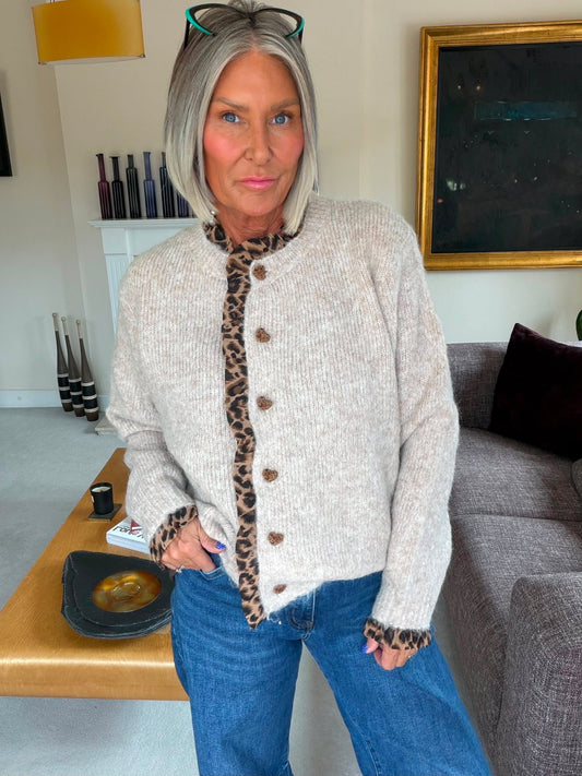 Oatmeal Leopard Trim Crew Neck Cardigan