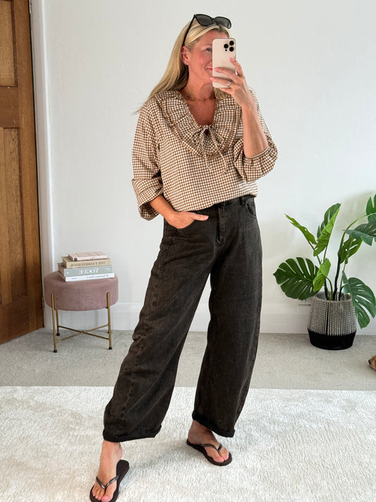 Coffee Gingham Ruffle Blouse