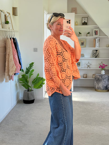 Papaya Circle Design Crochet Cardigan