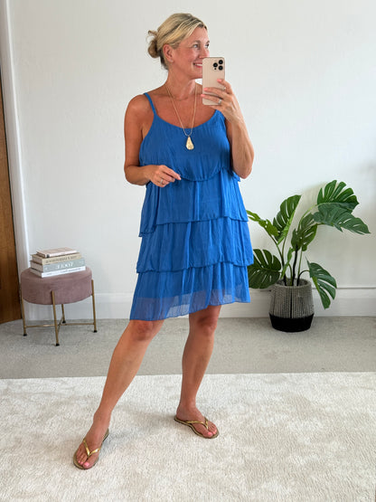 Cobalt Silk Mix Strappy Frill Dress