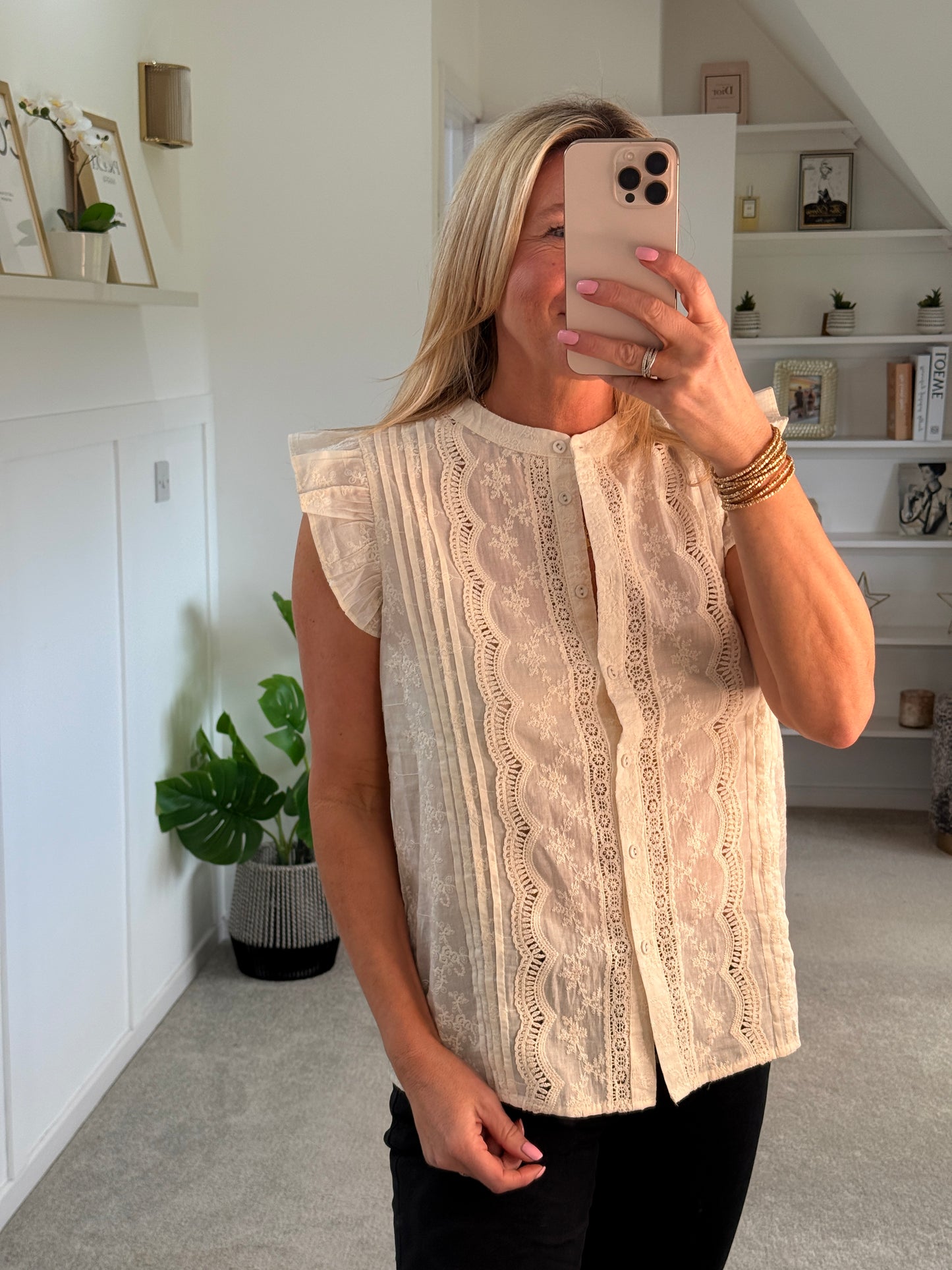 Oatmeal Frill Sleeve Lace Embroidered Blouse