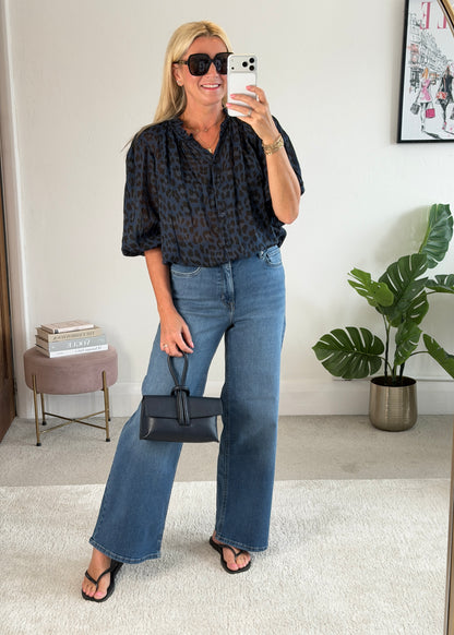Navy Leopard 3/4 Puff Sleeve Blouse